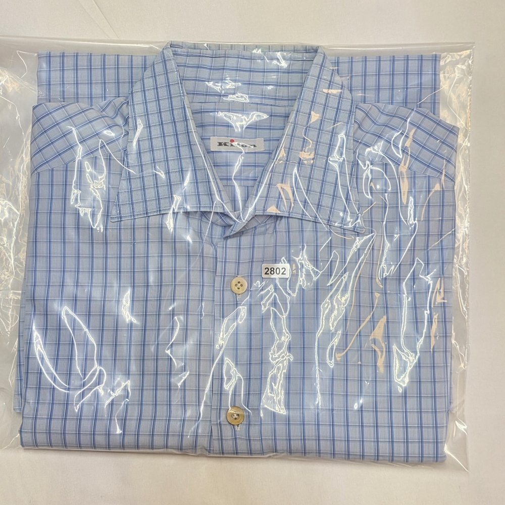 Quiet Luxury Kiton Dress Shirt Men 16.5 / 42 Blue Check Cotton Italy Workwear - Picture 9 of 16